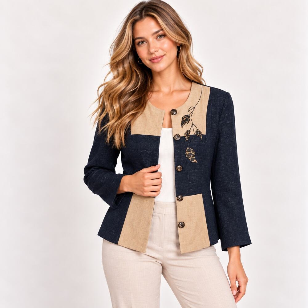 Virgo Blazer Women's Sz 12P Leopard Print Leaves & Buttons Retro Nature Vintage